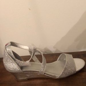 Brand new silver wedge ankle strap sandals